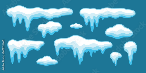 Snow and ice with winter frost in cartoon cap illustrations and frozen elements. Seasonal drip graphics for Christmas  holiday design or blue sticker use. Ideal for cold icons.