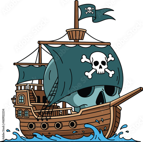 Cartoon pirate ship sailing illustration with skull and crossbones sails, wooden hull, ocean waves, pirate flag, playful nautical vector for adventure-themed concepts