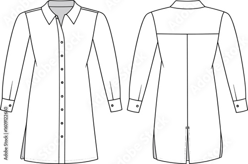 Technical long-sleeved shirt illustration with front and back views, collar details, button placket, yoke, cuffs, side slits, and pleat construction design