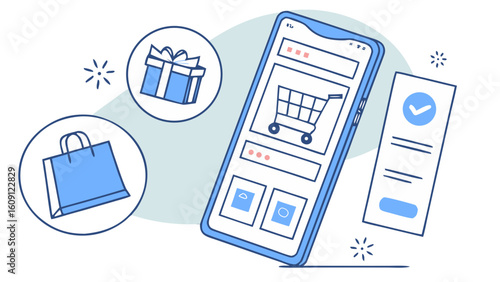 Flat Vector of E-commerce App Interface on Mobile Phone with Shopping Elements
