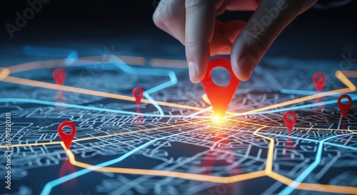 Hand pinpointing a strategic location with a red marker on a futuristic digital map