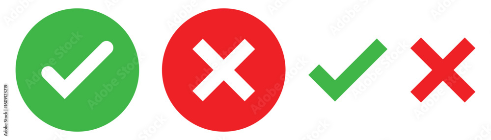Green check mark, red cross mark icon set. Green check mark, red cross mark icon set.