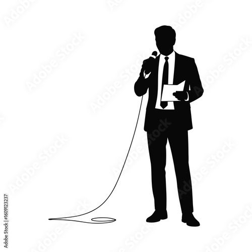 Silhouette of a businessman speaking into a microphone holding notes