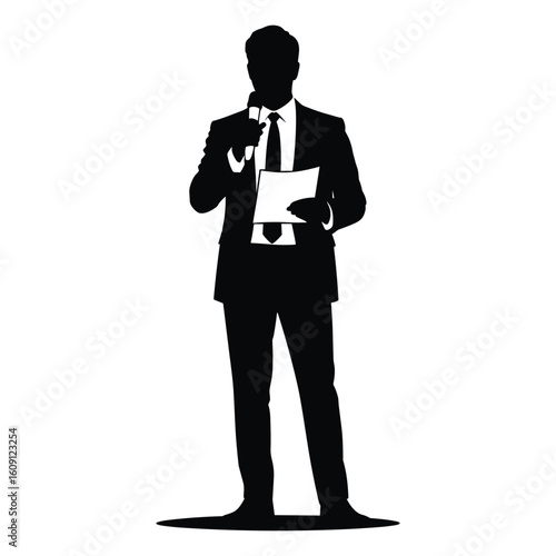 Silhouette of a businessman holding a microphone and paper