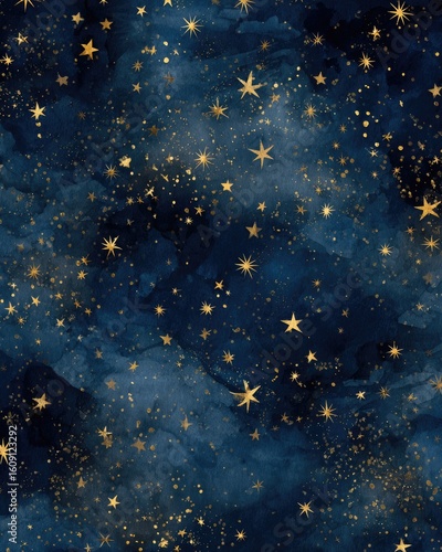 Dark blue starry night sky with gold stars, watercolor-like texture