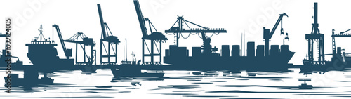 Silhouette vector of a cargo container ship being unloaded by gantry cranes at industrial port