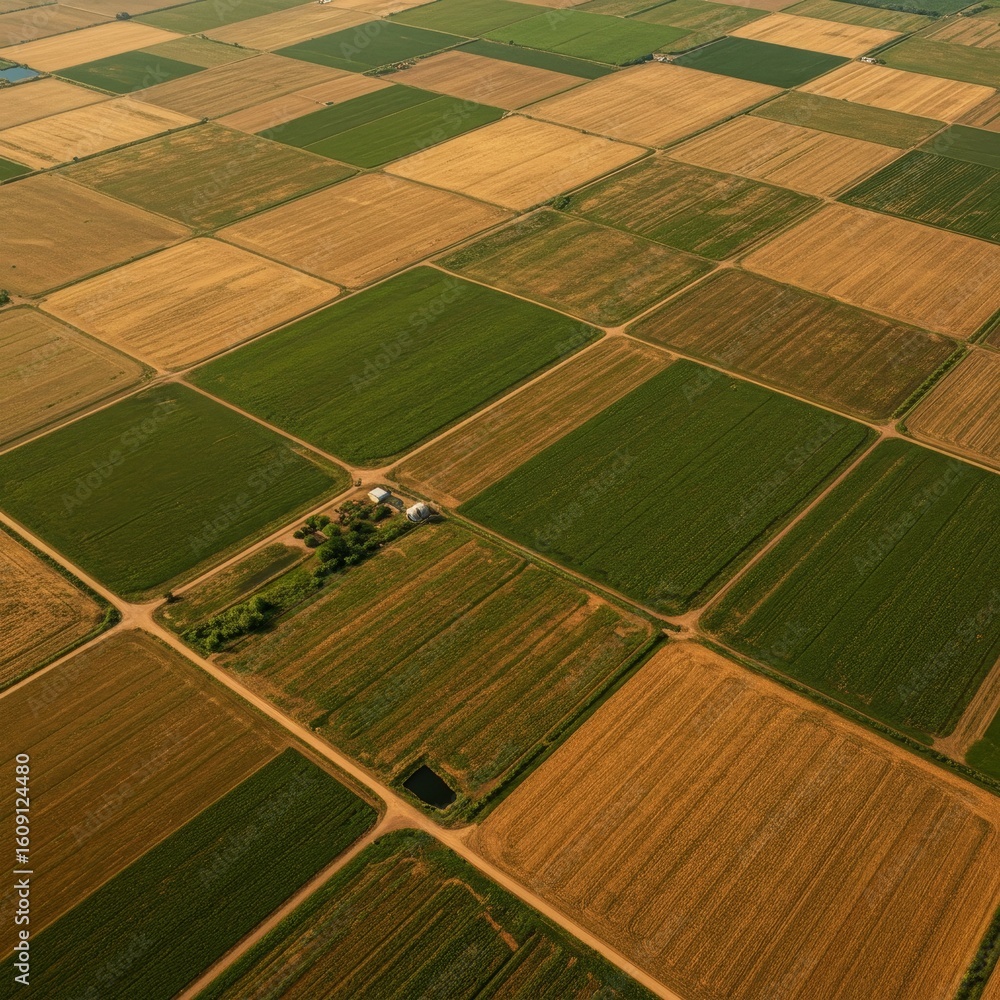 Obraz premium Aerial View of Patchwork Farmlands with Rural Homestead