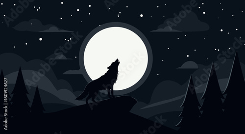 Silhouette of howling wolf against full moon in night sky with stars and clouds. Vector illustration