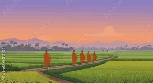 Monks walking at dusk through peaceful rice fields with scenic mountain views. Vector illustration