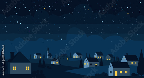 Tranquil night village scene with starry sky and cozy lit windows. Vector illustration