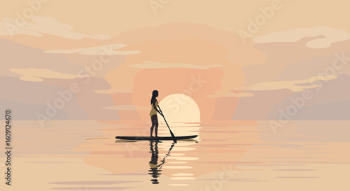 Female paddleboarding at sunset with reflection on calm ocean waters. Vector illustration