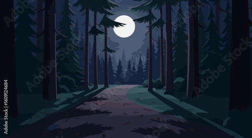 Mystic moonlit forest path illuminated by full moonlight in serene night landscape. Vector illustration