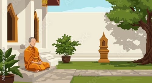 Young asian male meditating in peaceful temple garden with lush greenery and ancient architecture. Vector illustration