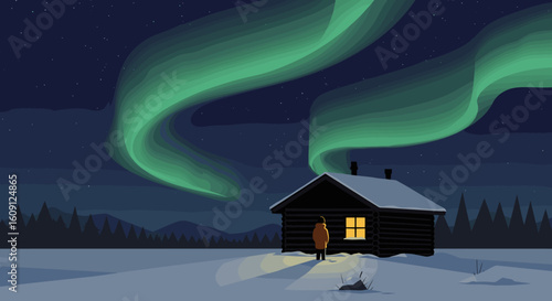 Northern lights over snowy cabin with lone female figure at night. Vector illustration