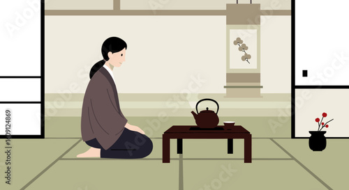 Asian female participating in traditional japanese tea ceremony with teapot and cup. Vector illustration