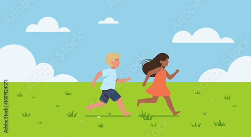 Young caucasian boy and hispanic girl running in a green field under blue sky. Vector illustration