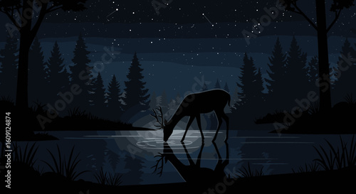 Tranquil night scene with deer drinking by moonlit lake in starry forest landscape. Vector illustration