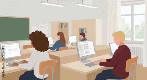 Caucasian and african adults working on computers in classroom setting. Vector illustration