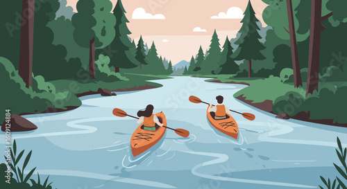 Caucasian young adults kayaking on peaceful forest river at sunset. Vector illustration