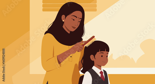 Asian female adult combing hair of asian child in yellow room setting. Vector illustration