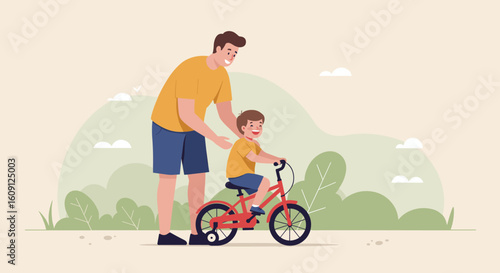 Caucasian father teaching young child to ride bike in park landscape. Vector illustration