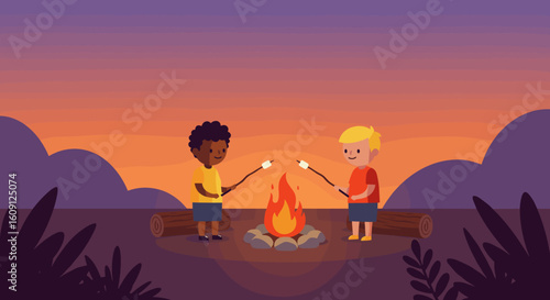 Two boys toasting marshmallows at sunset campfire. Vector illustration