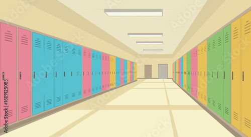 Colorful school lockers in an empty hallway with fluorescent lights. Vector illustration