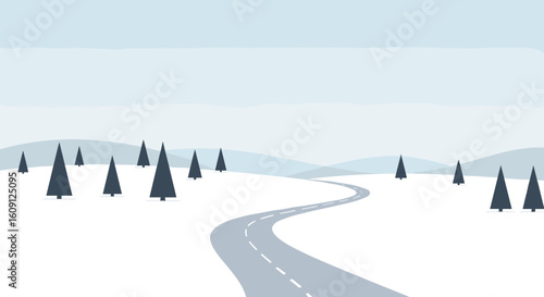 Serene winter landscape with snowy road and pine trees in mountainous backdrop. Vector illustration