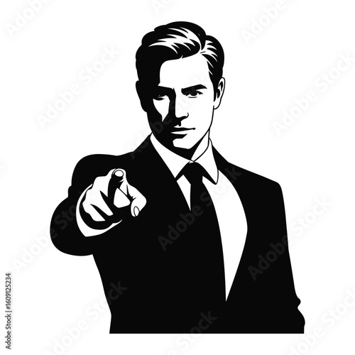 Man in suit pointing finger directly at viewer