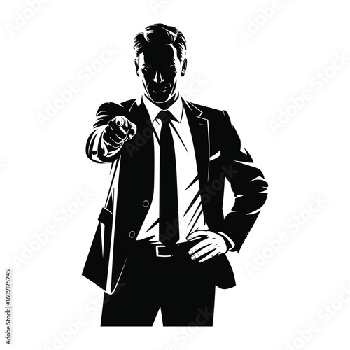Man in suit pointing finger directly at viewer in dramatic silhouette