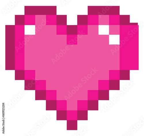 A vibrant pink pixelated heart symbol with a retro gaming aesthetic, perfect for digital art, love, and Valentine's Day themes