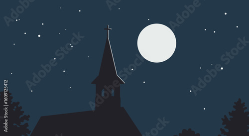 Church steeple silhouette under full moonlit night sky with stars. Vector illustration