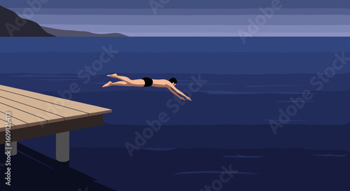 Young male diving into ocean at dusk near wooden pier. Vector illustration