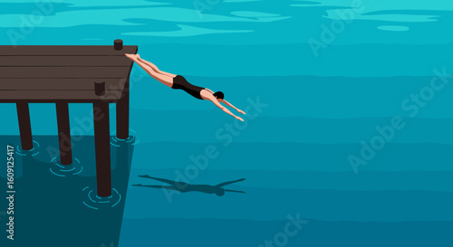 Female diver jumping off pier into clear blue water. Vector illustration