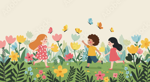 Three diverse children playing with butterflies in a vibrant flower garden. Vector illustration