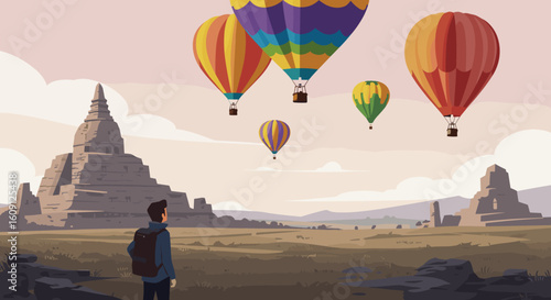 Young asian male watching colorful hot air balloons over ancient temples at sunset. Vector illustration