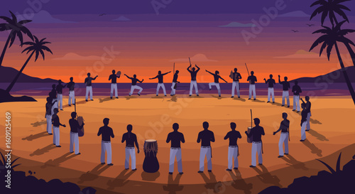 Capoeira enthusiasts in sunset practice circle on tropical beach. Vector illustration