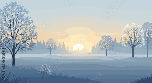 Serene sunrise over winter landscape with bare trees and soft pastel sky. Vector illustration