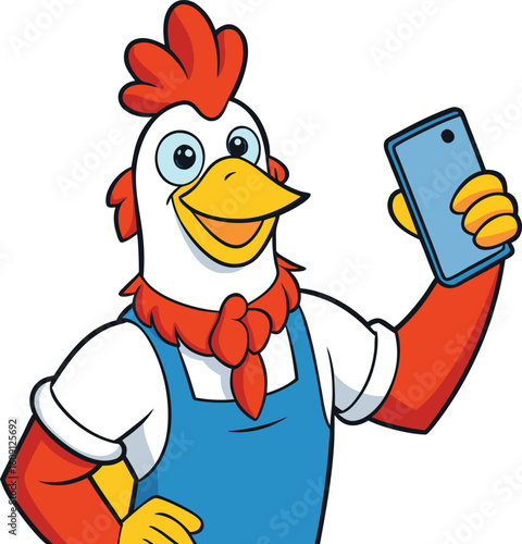 Cartoon chicken wearing blue overalls and red scarf taking selfie with blue phone rooster bird