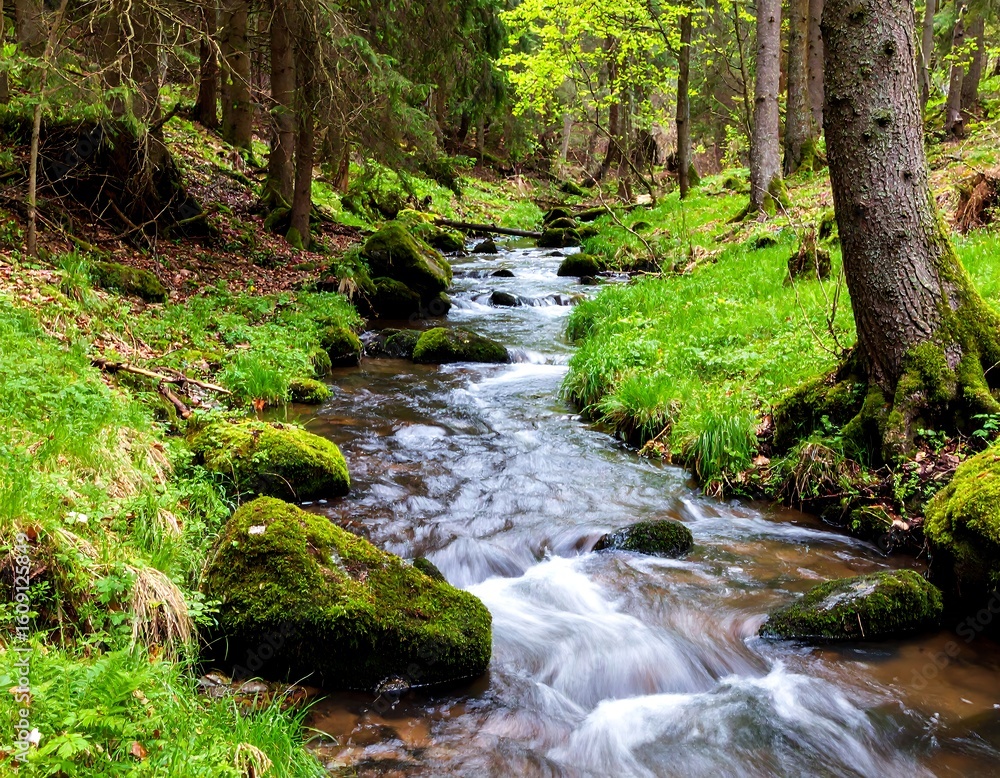 Fototapeta premium A tranquil forest stream meanders through a lush, mossy woodland