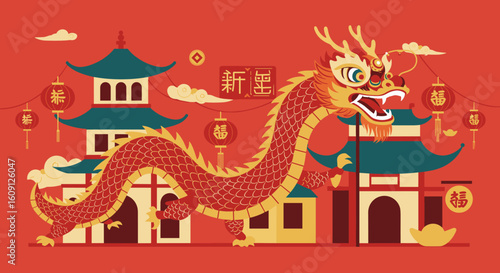 Vibrant chinese dragon celebrating lunar new year with traditional lanterns and pagodas. Vector illustration
