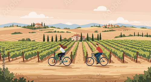 Cycling through scenic vineyards in the countryside landscape with hills and villages. Vector illustration