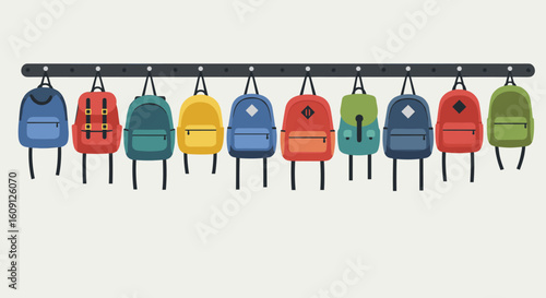 Colorful school backpacks hanging in a row on rack. Vector illustration