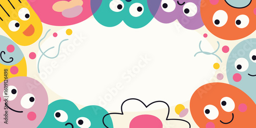 Cute and colorful cartoon monsters frame a blank space