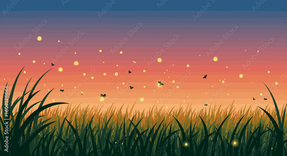 Obraz premium Serene sunset over meadow with fireflies and colorful sky twilight. Vector illustration