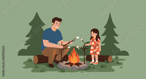 Caucasian male adult and hispanic female child roasting marshmallows at campfire in forest. Vector illustration