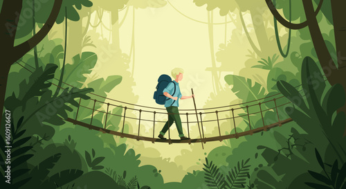 Young caucasian male hiker on suspended bridge in lush jungle forest adventure exploration. Vector illustration