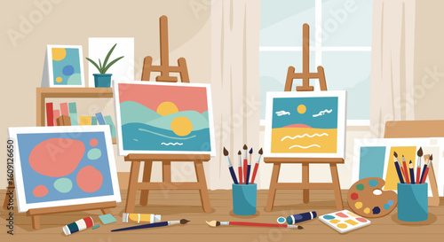 Cozy art studio with easels, paintings, brushes, and supplies in a bright room. Vector illustration