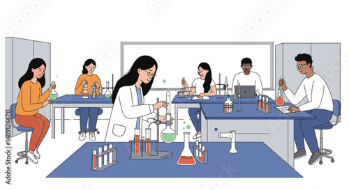 Diverse group of young scientists conducting experiments in modern laboratory. Vector illustration