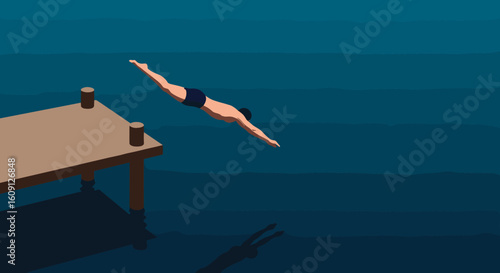 Young caucasian male diving from a pier into the lake at sunset. Vector illustration
